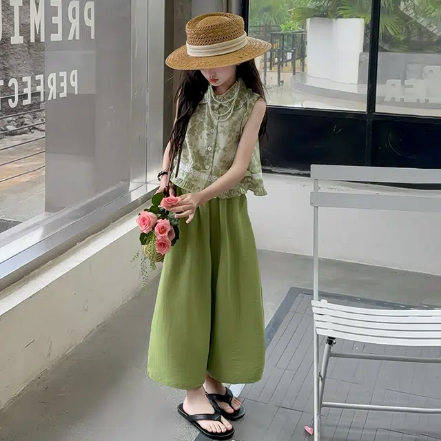 天才小熊休闲运动套装 女童夏季大童潮牌小孩衣服 小女孩碎花衬衣短袖洋气时髦 漂亮 甜美