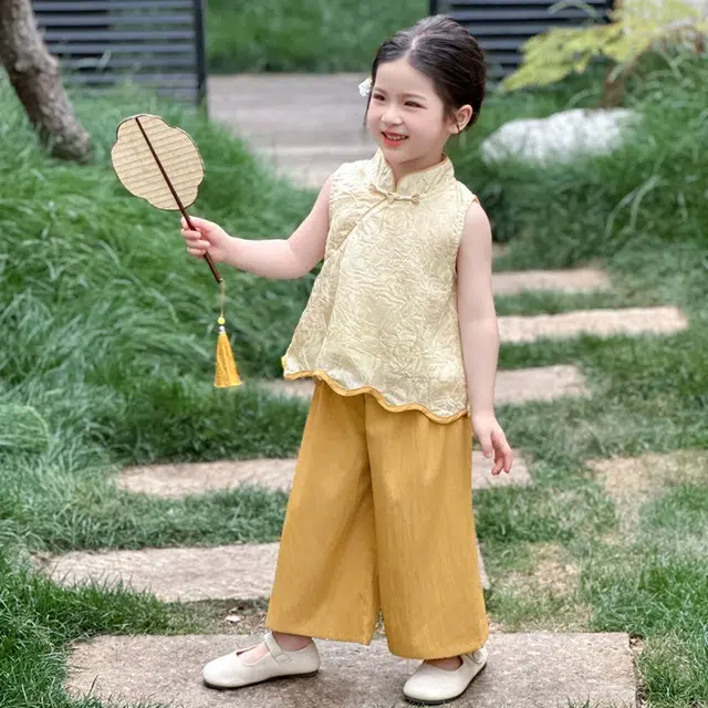 天才小熊汉服套装 女童夏季大童运动小孩衣服 小女孩 青少年花边复古中国风洋气时髦 漂亮 甜美