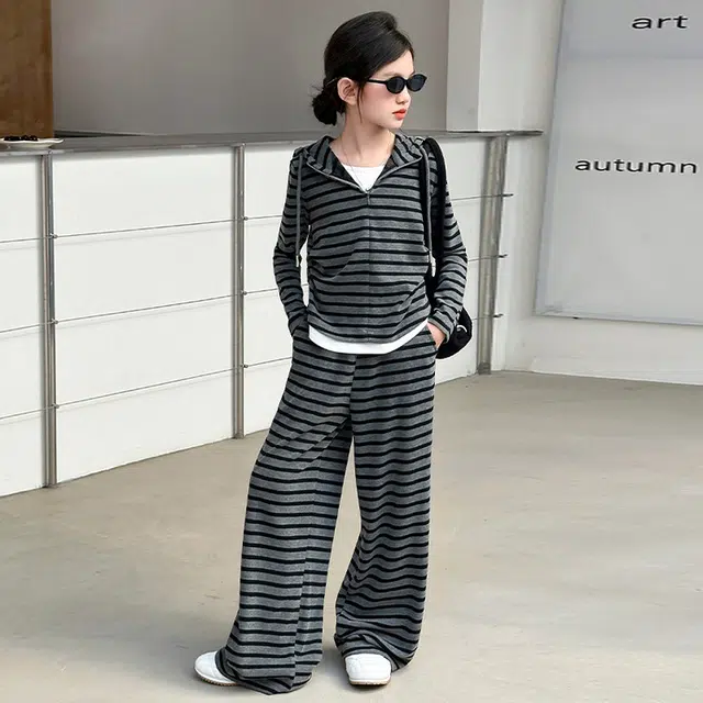 天才小熊休闲运动套装 女童春秋季时尚条纹大童潮牌小孩衣服 小女孩短袖洋气时髦 舒适帅气轻便