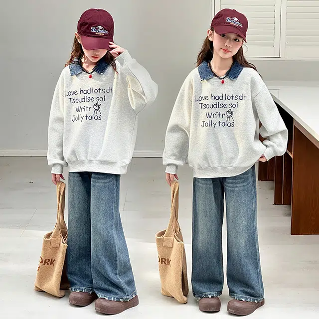 天才小熊休闲运动套装 女童春秋季牛仔领卫衣大童潮牌小孩衣服 小女孩短袖洋气时髦 舒适帅气轻便