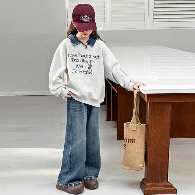 天才小熊休闲运动套装 女童春秋季牛仔领卫衣大童潮牌小孩衣服 小女孩短袖洋气时髦 舒适帅气轻便