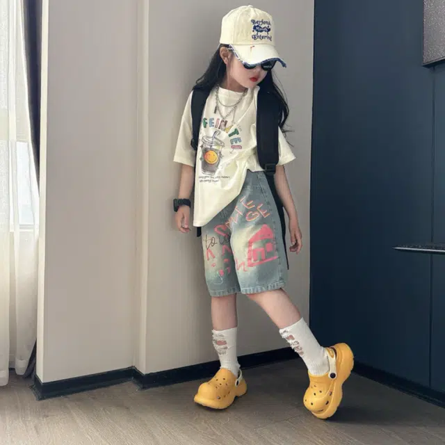 天才小熊休闲运动套装 女童夏季大童潮牌小孩衣服 小女孩短袖 牛仔 洋气时髦 漂亮 甜美