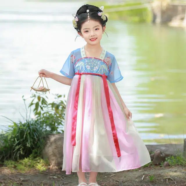 天才小熊汉服套装 女童夏季大童运动小孩衣服 小女孩 青少年蓝花香中国风洋气时髦 漂亮 甜美
