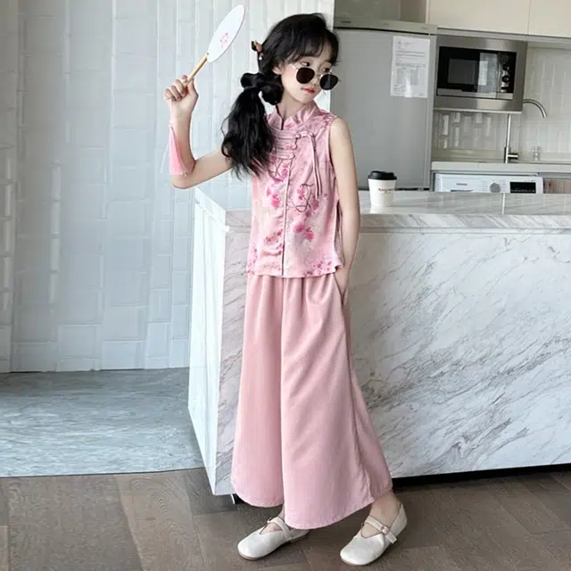 天才小熊汉服套装 女童夏季大童运动小孩衣服 小女孩 青少年旗袍盘口中国风洋气时髦 漂亮 甜美