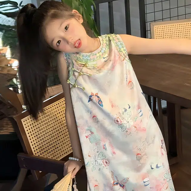 天才小熊汉服套装 女童夏季大童运动小孩衣服 小女孩 青少年蝴蝶旗袍中国风洋气时髦 漂亮 甜美