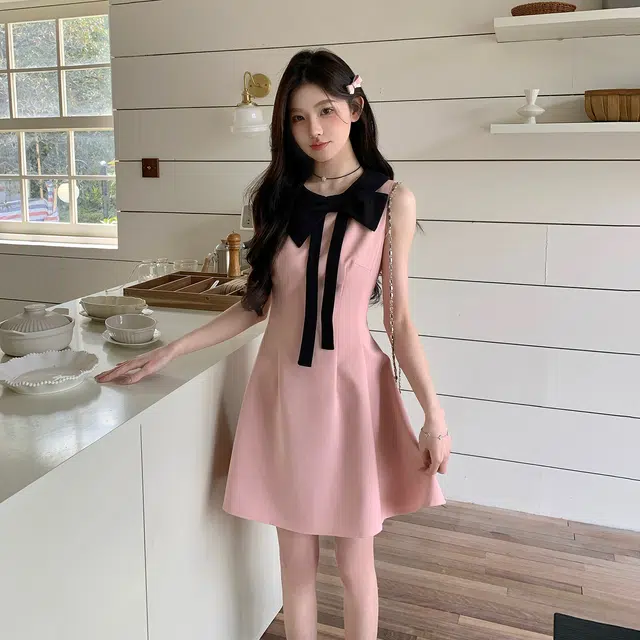 天才小熊 韩系淑女气质千金风蝴蝶结无袖连衣裙 女款