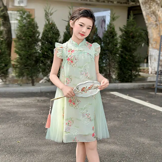 天才小熊汉服 女童夏季大童运动小孩衣服 小女孩 青少年蝴蝶中国风旗袍洋气时髦 漂亮 甜美 青少年