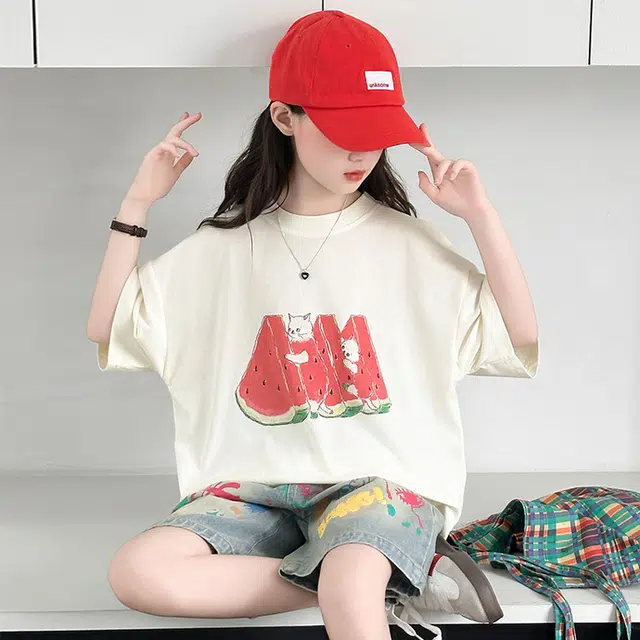 天才小熊休闲运动套装 女童夏季大童潮牌小孩衣服 小女孩西瓜猫咪数码印花 短袖洋气时髦 漂亮 甜美