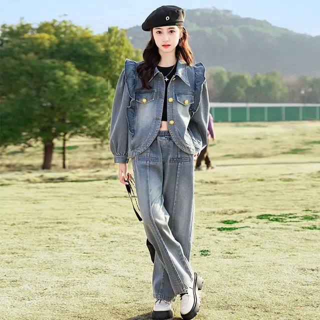 天才小熊休闲运动套装 女童春秋季牛仔大童潮牌小孩衣服 小女孩短袖洋气时髦 舒适帅气轻便