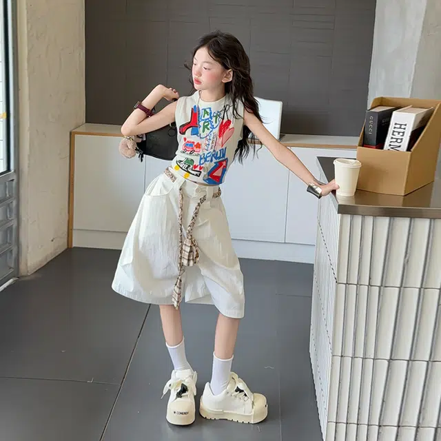 天才小熊休闲运动套装 女童夏季印花背心中裤大童潮牌小孩衣服 小女孩短袖洋气时髦 漂亮 甜美