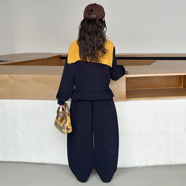 天才小熊休闲运动套装 女童春秋季披肩弯刀裤大童潮牌小孩衣服 小女孩短袖洋气时髦 舒适帅气轻便