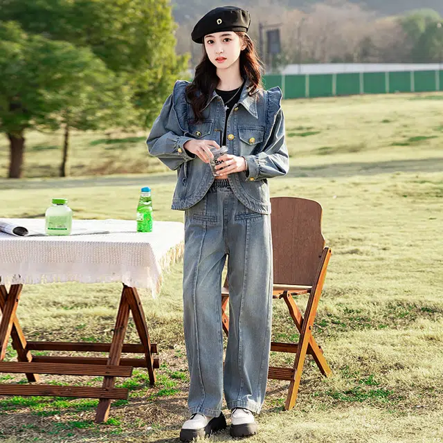 天才小熊休闲运动套装 女童春秋季牛仔大童潮牌小孩衣服 小女孩短袖洋气时髦 舒适帅气轻便