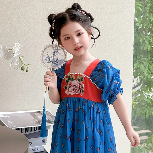 天才小熊汉服套装 女童夏季大童运动小孩衣服 小女孩 青少年花漾裙中国风洋气时髦 漂亮 甜美