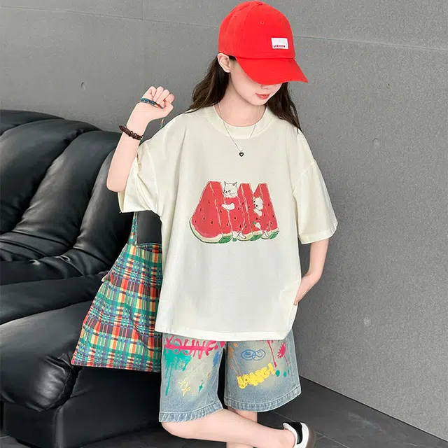 天才小熊休闲运动套装 女童夏季大童潮牌小孩衣服 小女孩西瓜猫咪数码印花 短袖洋气时髦 漂亮 甜美