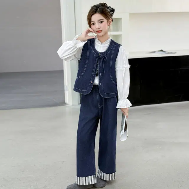 天才小熊休闲运动套装 女童春秋季牛仔马甲直筒裤大童潮牌小孩衣服 可爱小女孩短袖洋气时髦潮流