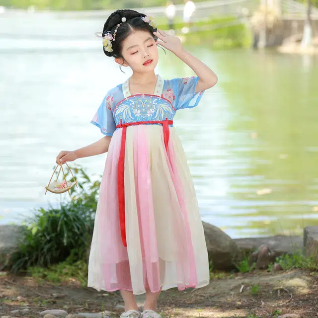 天才小熊汉服套装 女童夏季大童运动小孩衣服 小女孩 青少年蓝花香中国风洋气时髦 漂亮 甜美
