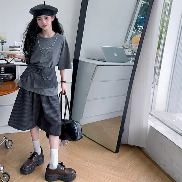 天才小熊休闲运动套装 女童夏季大童潮牌小孩衣服 小女孩短袖洋气时髦 漂亮 甜美时尚