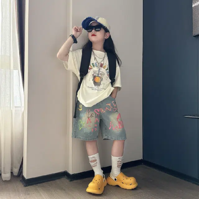 天才小熊休闲运动套装 女童夏季大童潮牌小孩衣服 小女孩短袖 牛仔 洋气时髦 漂亮 甜美