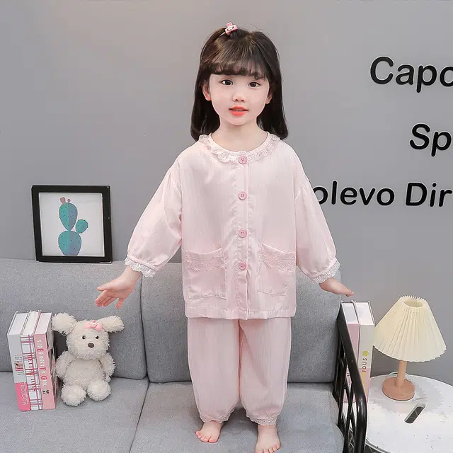 天才小熊家居服套装 女童夏季花边领开衫睡衣大童休闲小孩衣服 小女孩居家外穿 洋气时髦 漂亮 甜美
