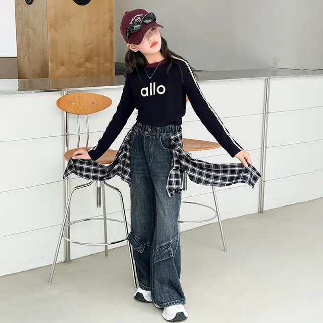 天才小熊休闲运动套装 女童春秋季印花拉条牛仔裤大童潮牌小孩衣服 小女孩短袖洋气时髦 舒适帅气轻便