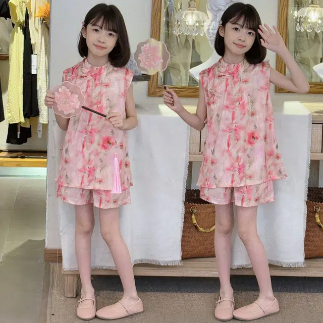天才小熊汉服套装 女童夏季大童运动小孩衣服 小女孩 青少年花朵中国风洋气时髦 漂亮 甜美