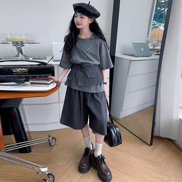 天才小熊休闲运动套装 女童夏季大童潮牌小孩衣服 小女孩短袖洋气时髦 漂亮 甜美时尚