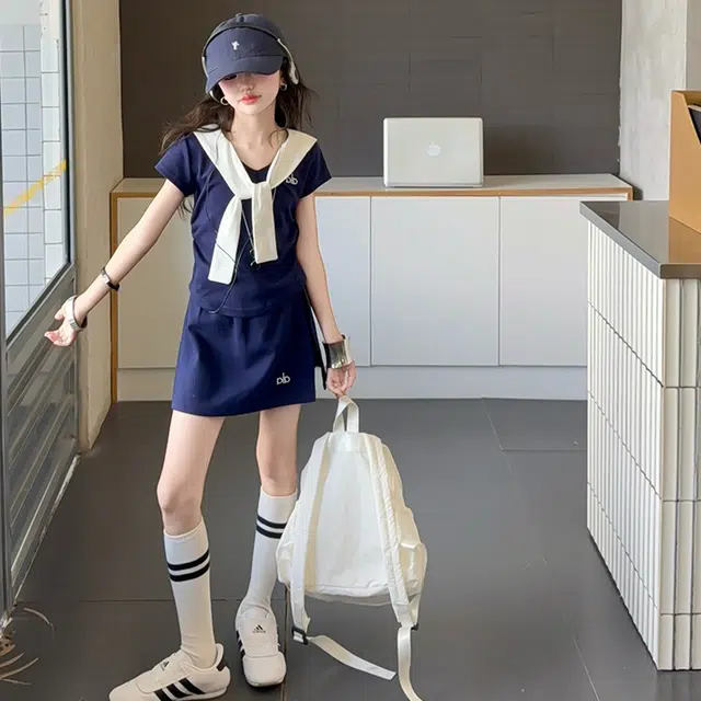 天才小熊休闲运动套装  女童春秋季披肩大童潮牌小孩衣服 小女孩短袖洋气时髦 舒适帅气轻便