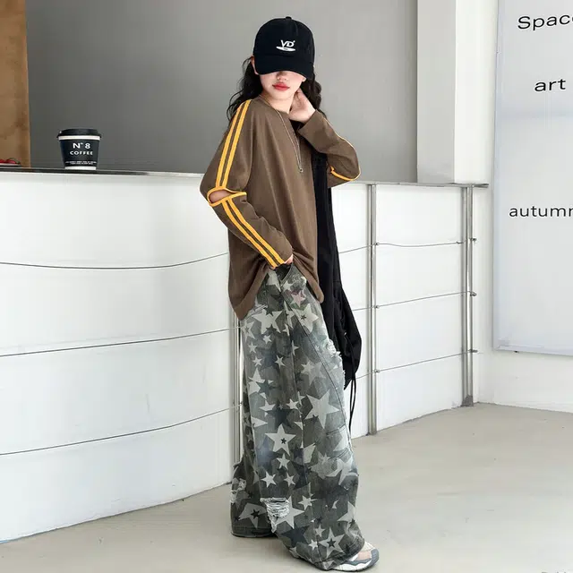 天才小熊休闲运动套装 女童春秋季牛仔破洞裤大童潮牌小孩衣服 小女孩短袖洋气时髦 舒适帅气轻便