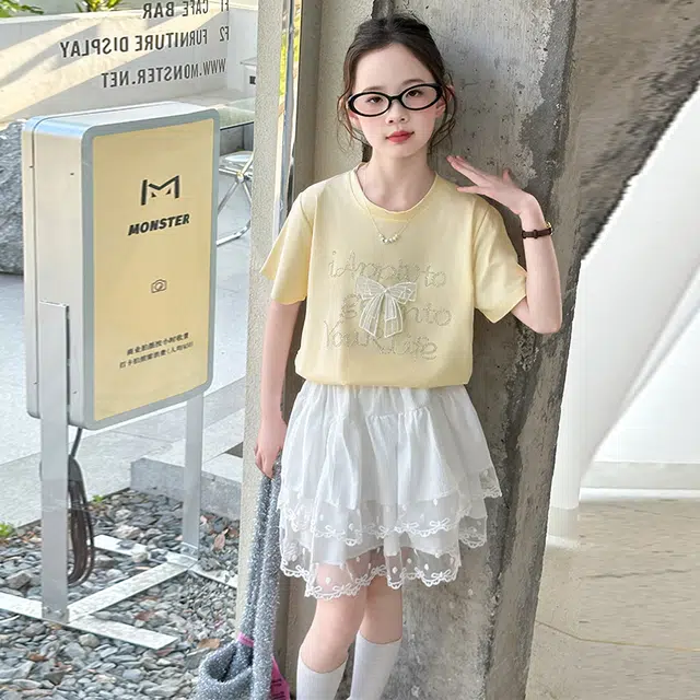 天才小熊休闲运动套装 女童夏季大童潮牌小孩衣服 小女孩蝴蝶结短袖洋气时髦 漂亮 甜美 儿童款