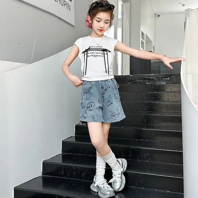 天才小熊休闲运动套装 女童夏季大童潮牌小孩衣服 小女孩 短袖 印花牛仔短裤 洋气时髦 漂亮 甜美 儿童款