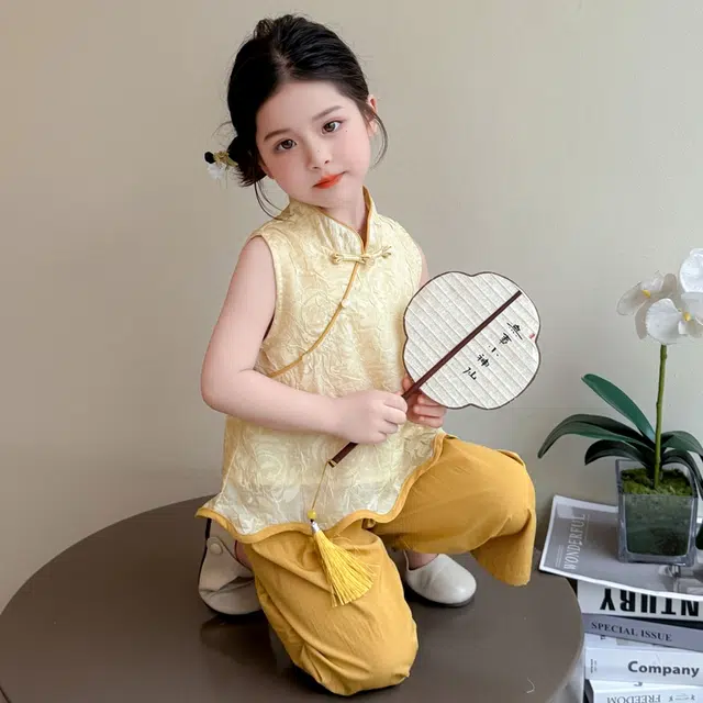 天才小熊汉服套装 女童夏季大童运动小孩衣服 小女孩 青少年花边复古中国风洋气时髦 漂亮 甜美