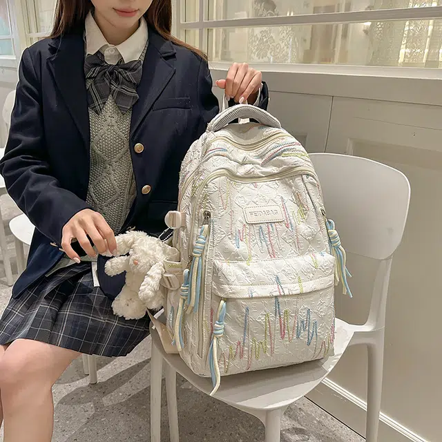 天才小熊 书包初中女生高中生女大学生 简约森系 经典时尚小众设计 高级感 休闲拉链开合  尼龙布 双肩包 大号 白色