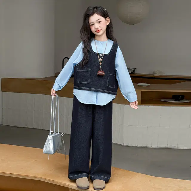 天才小熊休闲运动套装 女童春秋季牛仔马甲 大童潮牌小孩衣服 小女孩短袖洋气时髦 舒适帅气轻便