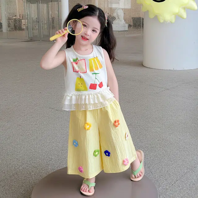 天才小熊休闲运动套装 女童夏季大童潮牌小孩衣服 小女孩水果印花 短袖洋气时髦 漂亮 甜美