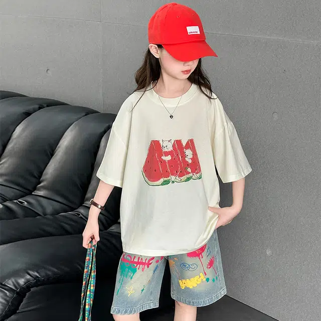天才小熊休闲运动套装 女童夏季大童潮牌小孩衣服 小女孩西瓜猫咪数码印花 短袖洋气时髦 漂亮 甜美
