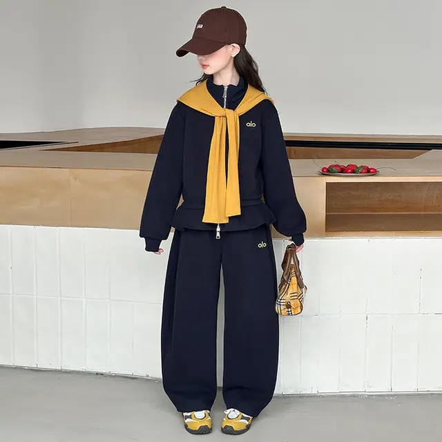 天才小熊休闲运动套装 女童春秋季披肩弯刀裤大童潮牌小孩衣服 小女孩短袖洋气时髦 舒适帅气轻便