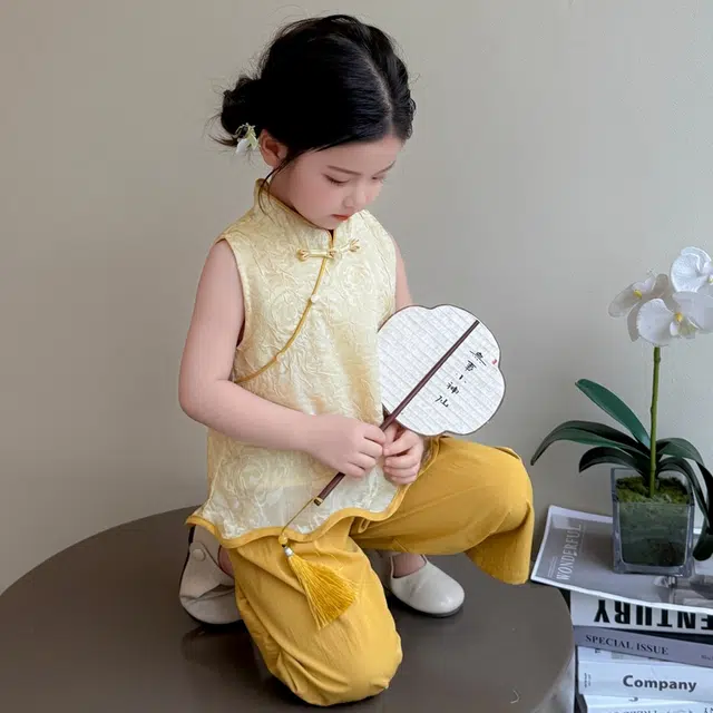 天才小熊汉服套装 女童夏季大童运动小孩衣服 小女孩 青少年花边复古中国风洋气时髦 漂亮 甜美
