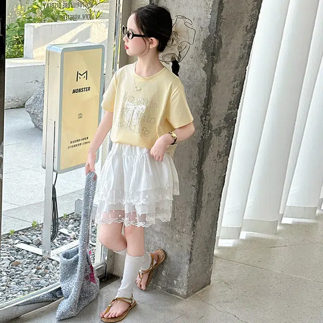 天才小熊休闲运动套装 女童夏季大童潮牌小孩衣服 小女孩蝴蝶结短袖洋气时髦 漂亮 甜美 儿童款