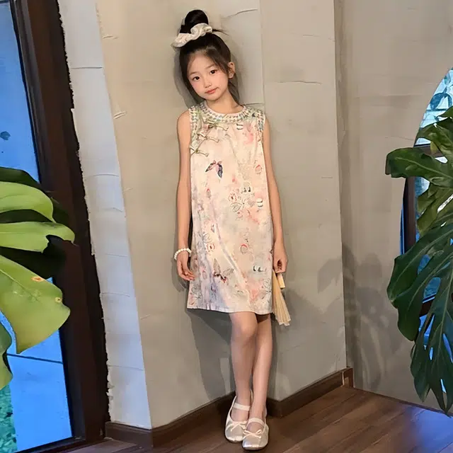 天才小熊汉服套装 女童夏季大童运动小孩衣服 小女孩 青少年蝴蝶旗袍中国风洋气时髦 漂亮 甜美