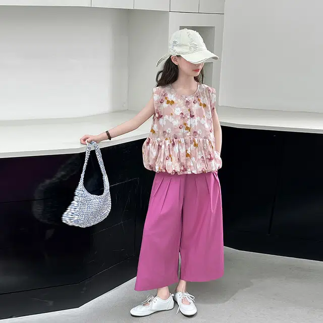 天才小熊休闲运动套装 女童夏季碎花上衣大童潮牌小孩衣服 小女孩短袖洋气时髦 漂亮 甜美
