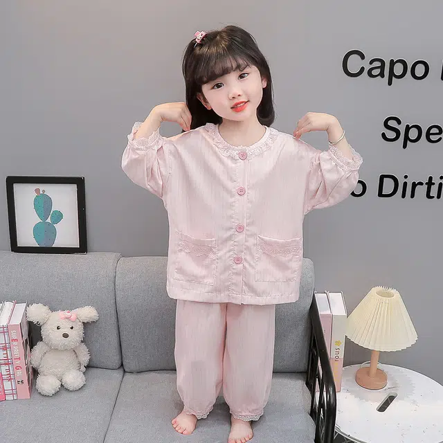 天才小熊家居服套装 女童夏季花边领开衫睡衣大童休闲小孩衣服 小女孩居家外穿 洋气时髦 漂亮 甜美