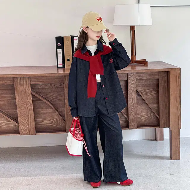 天才小熊休闲运动套装 女童春秋季披肩牛仔大童潮牌小孩衣服 小女孩短袖洋气时髦 舒适帅气轻便