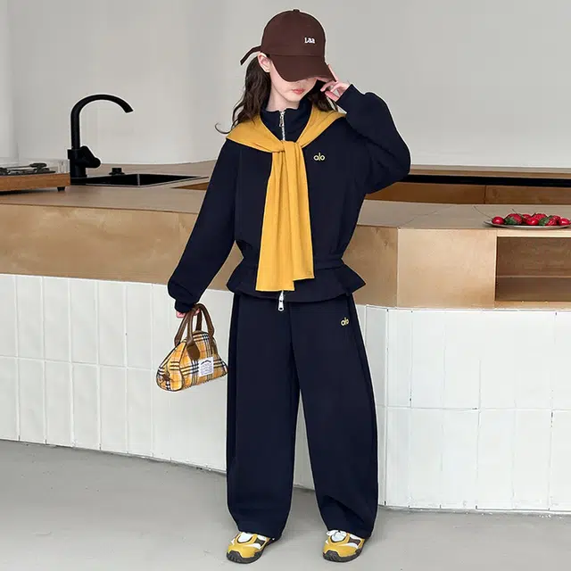 天才小熊休闲运动套装 女童春秋季披肩弯刀裤大童潮牌小孩衣服 小女孩短袖洋气时髦 舒适帅气轻便