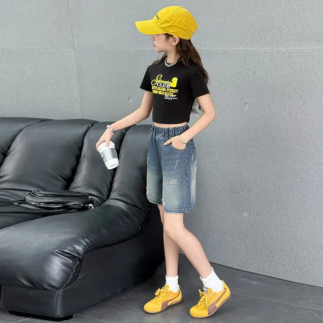 天才小熊女童夏季运动裤大童潮牌小孩衣服 青少年 破洞牛仔短裤  洋气时髦 韩版直筒板儿童运动裤 青少年