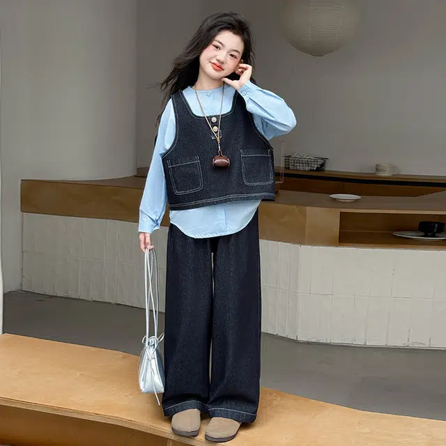 天才小熊休闲运动套装 女童春秋季牛仔马甲 大童潮牌小孩衣服 小女孩短袖洋气时髦 舒适帅气轻便