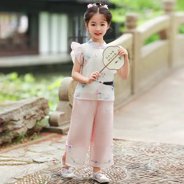 天才小熊汉服套装 女童夏季大童运动小孩衣服 小女孩 青少年飞袖中国风洋气时髦 漂亮 甜美