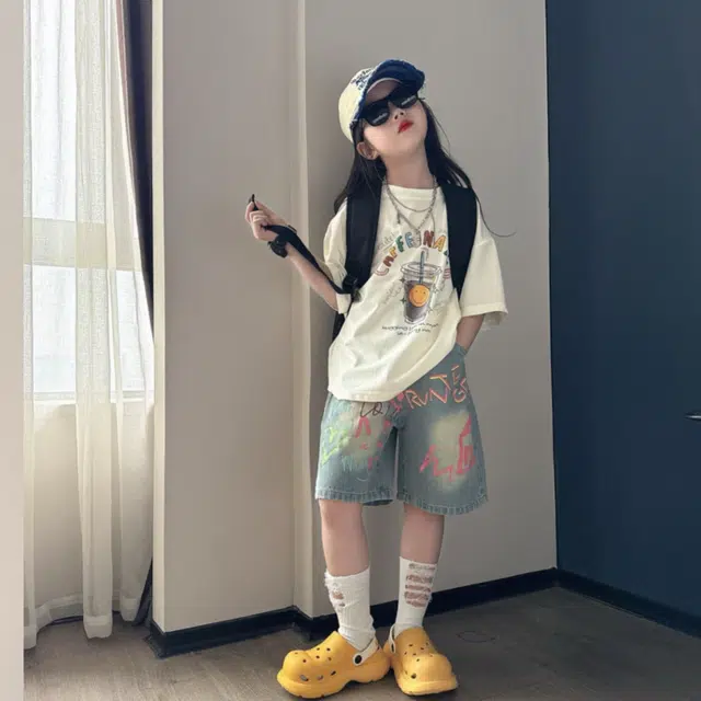 天才小熊休闲运动套装 女童夏季大童潮牌小孩衣服 小女孩短袖 牛仔 洋气时髦 漂亮 甜美