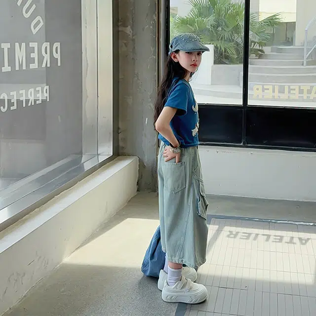 天才小熊牛仔套装 女童夏季大童潮牌运动小孩衣服 小女孩短袖洋气时髦 漂亮 甜美