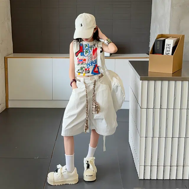 天才小熊休闲运动套装 女童夏季印花背心中裤大童潮牌小孩衣服 小女孩短袖洋气时髦 漂亮 甜美