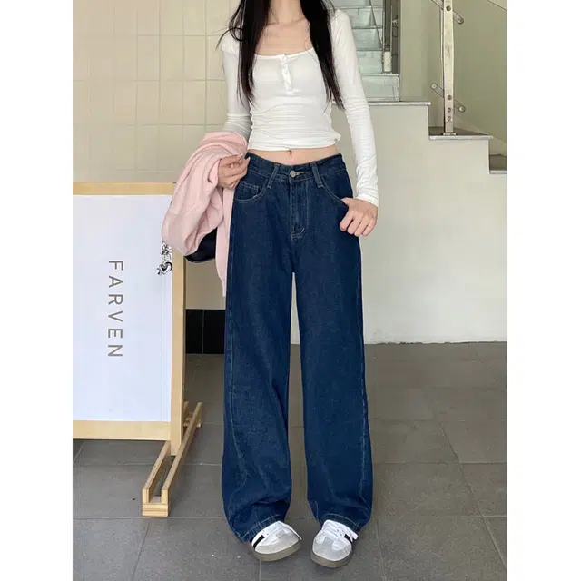 天才小熊 复古潮流时尚宽松休闲柔软舒适百搭高腰显瘦直筒阔腿裤子牛仔裤 女款